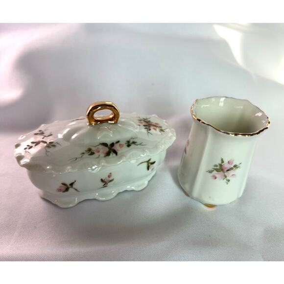 Vintage Floral Porcelain/Ceramic Trinket Box & Vase Hand Painted Set 3" - Picture 1 of 9